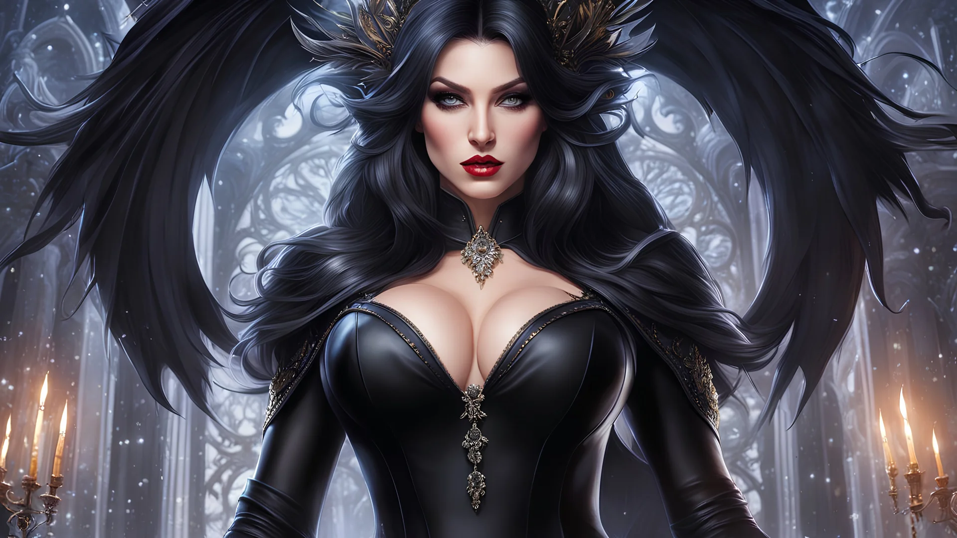 winter, (1Elvira) mistress of the dark, (medium full shot), black dress, detailed gorgeous face, colorful, artstation, studio photo, smooth, extremely sharp detail, finely tuned detail, ultra high definition, unreal engine 5, ultra sharp focus, art by artgerm mary dimova, jim lee, greg rutkowski and alphonse mucha