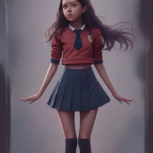 Jenna ortega with school uniform, seifuku, pleated miniskirt, overknee socks, painted by artgerm and tom bagshaw, fantasy art, dramatic lighting, highly detailed oil painting, volumetric lighting