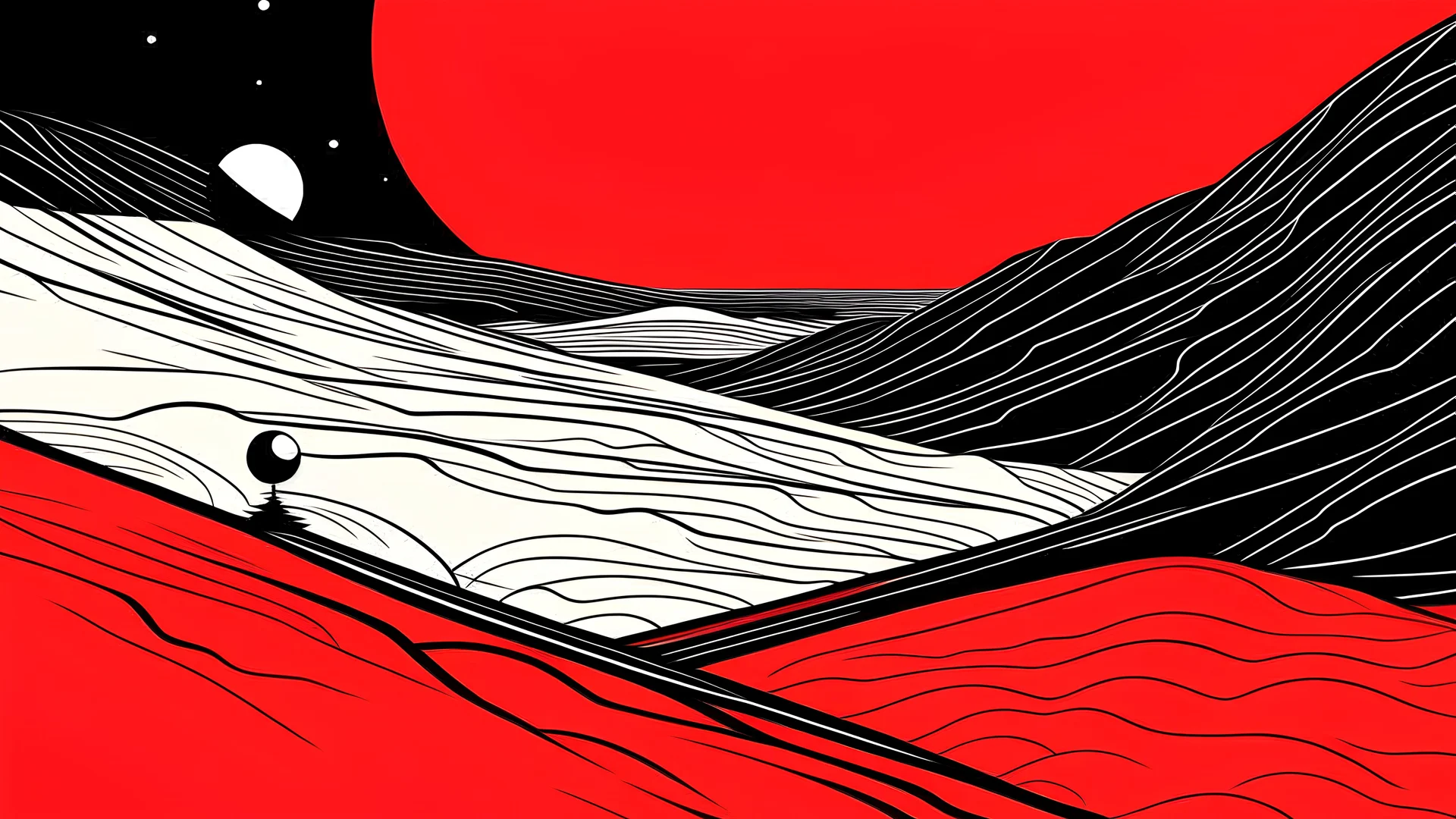 An abstract and ultra minimalist design poster by Moebius and Kuniyoshi of a red, black and white desert landscape.