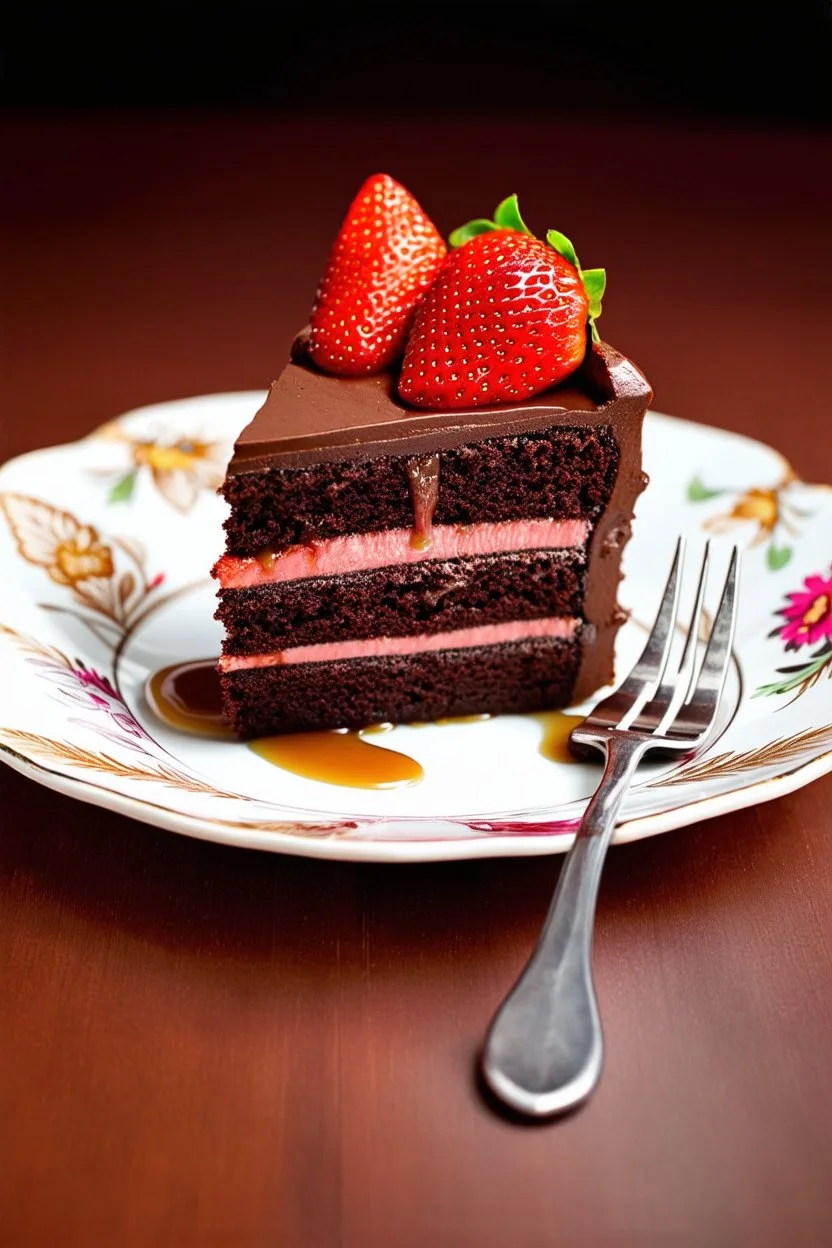 Slice of 3-layer, decadent chocolate cake topped with strawberries and caramel, . On a fancy, patterned plate with a fork resting on it.