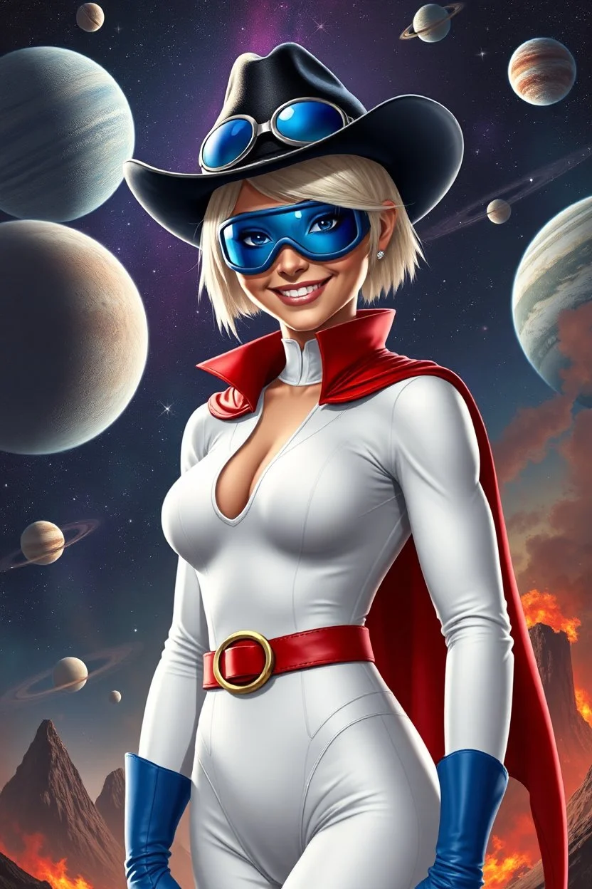 Karen Starr, full body, young athletic white female, crew cut bleach-blonde hair, thin, blue goggles over eyes, black cowboy hat, semi-pointed chin, muscular build. Wearing white long-sleeved bodysuit with high collar with plunging neckline, blue elbow gloves, red belt with gold buckle, red cape, blue knee boots. Big smile. Background: outer space, planets, stars, galaxies, fire, explosions, volcanic lava, craggy peaks. Photorealistic
