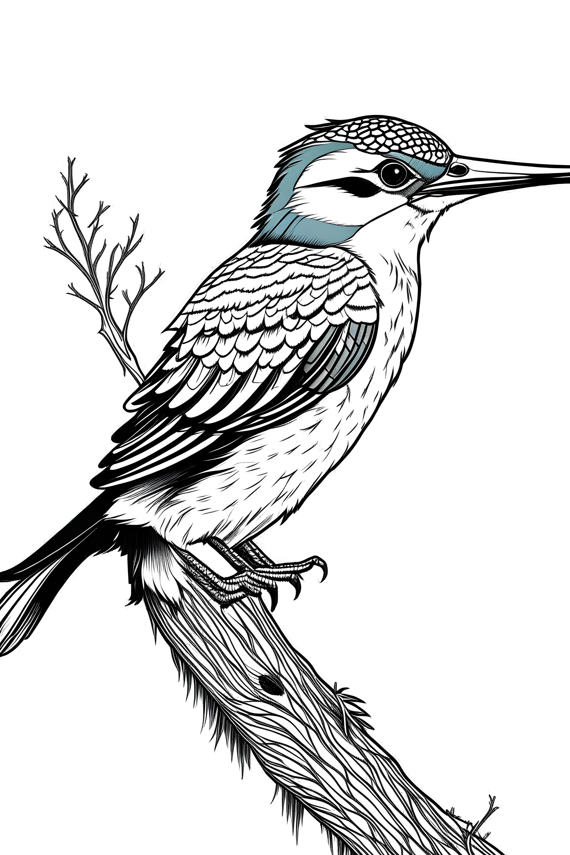 Kingfisher coloring, cartoon style, thick lines, low detail, black and white, no shading, wide shot