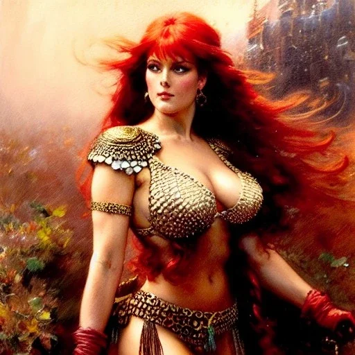 Drawing of beautiful face busty red Sonja,Sweet stare, balanciaga fashion clothe painting by gaston bussiere, greg rutkowski, yoji shinkawa, yoshitaka amano, tsutomu nihei, donato giancola, tim hildebrandt, oil on canvas, cinematic composition, extreme detail,fit full head inside picture,16k