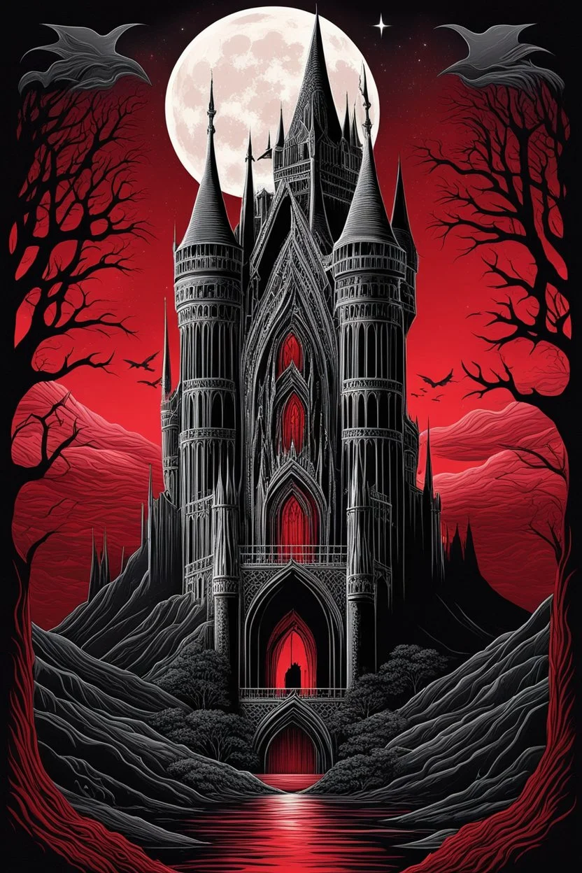 The Midnight Keep, Gothic Castle on the Red Bluffs, a crimson nightfall, stars, Red Full-Moon, red mountains and landscape,, gothic, haunting made with layered paper cut outs vector by hr giger