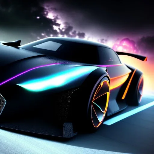 powerful concept future car, dark color fade theme, large engine protruding from the hood, nebula back round, ultra detail, neon underneath, jet engine