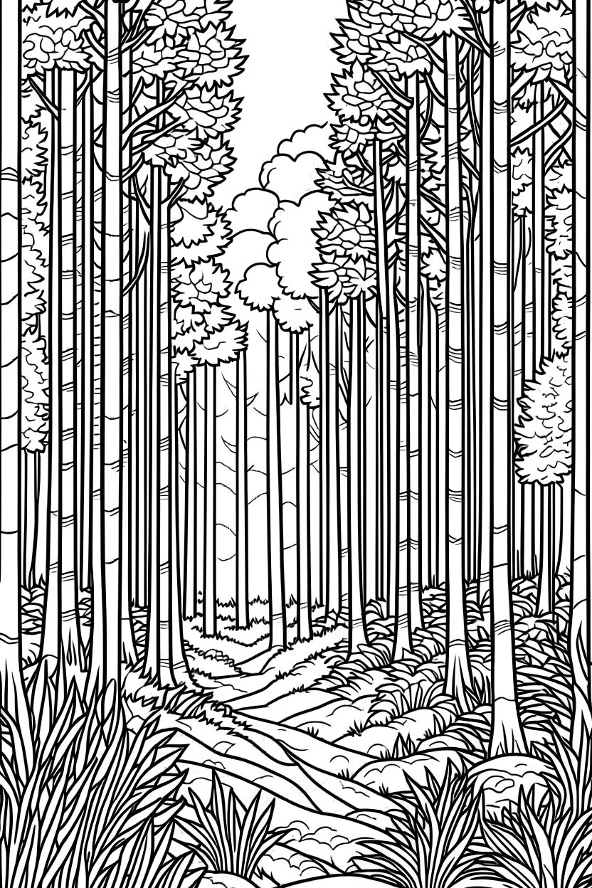 A peaceful forest glade with dappled sunlight filtering through the trees represents the tranquility and freedom found in nature.coloring book page, simple and clean line art, adult drawing book, black and white, crisp black lines, no shades, sharp lines, coloring book for adults, cartoon style, landscape