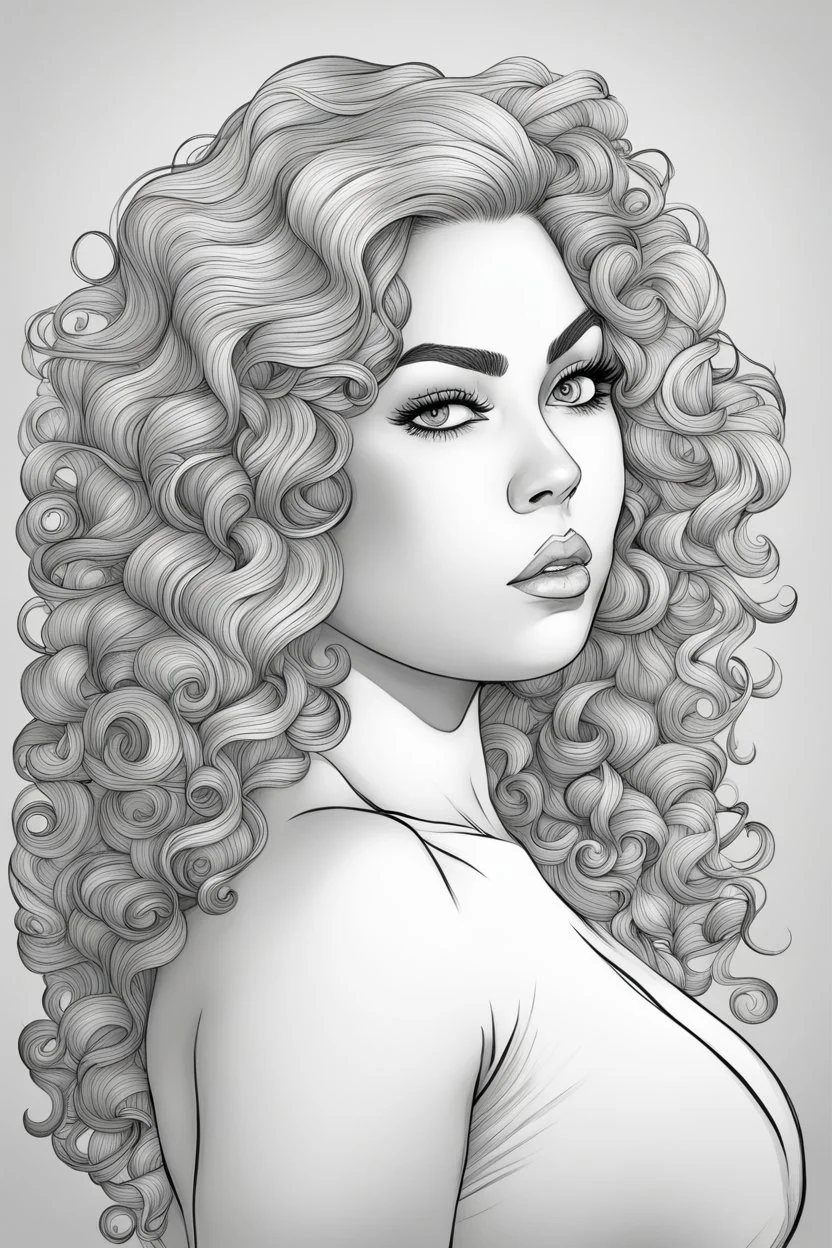 Create a coloring page of a beautiful curvy female looking to the side with curly hair. No shading, No color, clean lines