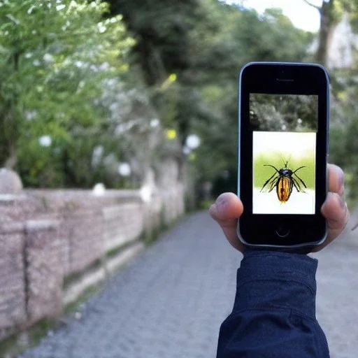 mobile photographer holds his phone to capture insect, phone's back cover printed as "LPW"