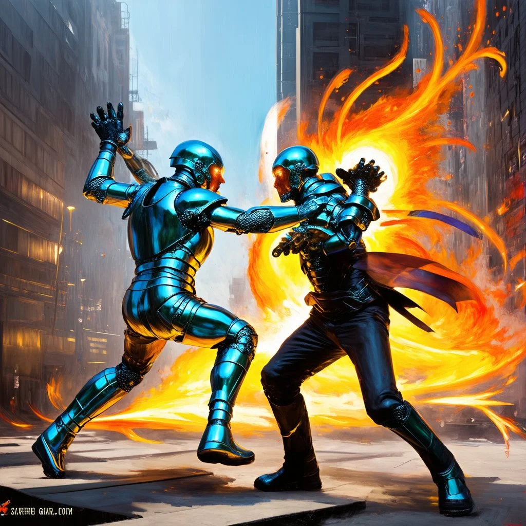 In the midst of a futuristic urban landscape, two combatants clash in a vivid, high-octane spectacle. One fighter is a cybernetically enhanced warrior with shimmering metallic armor, while the other is a mystical sorcerer with swirling energy crackling around them. This scene is depicted in a stunning, ultra-detailed, graffiti-style painting that combines spray paint, oil, and gouache to create a vibrant, polychromatic masterpiece. The colors are bold and high-contrast, with every minute detail