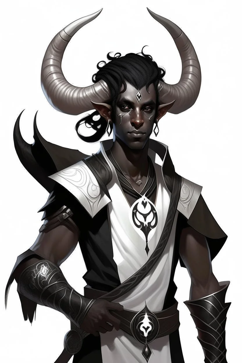 En Young male Black skin black hair tiefling Wizard with large horns same size going from the front to the back. glowing Silver and White symbols