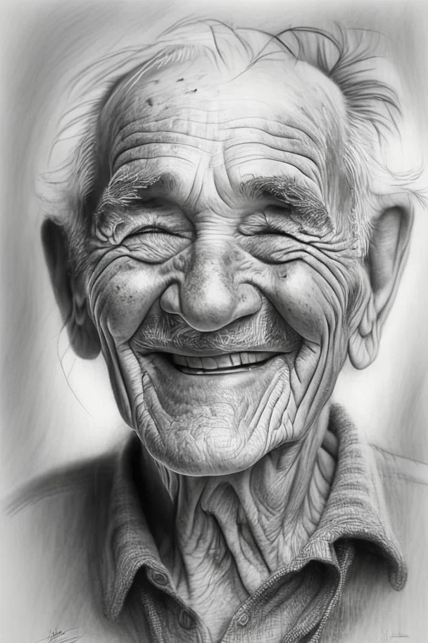 drawing, portrait, old, old, wrinkles, features, smiling, white, lead, charcoal