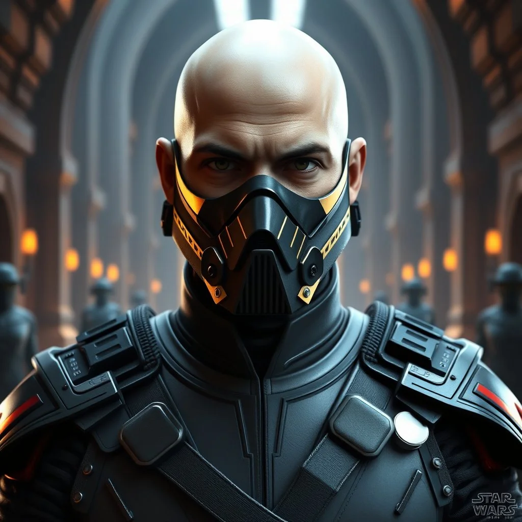 star wars bald male corellian jedi wearing gunmetal grey and black old republic armored flightsuit and breath mask with gold and metallic red trim inside the jedi temple, centered head and shoulders portrait, hyperdetailed, dynamic lighting, hyperdetailed background, 8k resolution, volumetric lighting, light skin, fully symmetric details