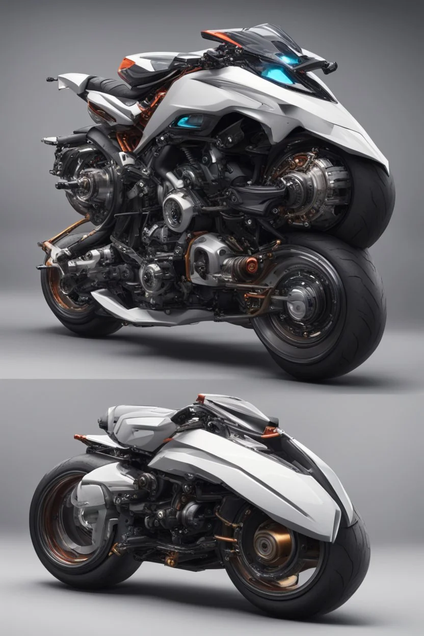 An advanced motorcycle with four wheels and a turbo jet on the back