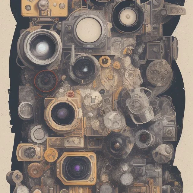 components of the camera laid out flat. poster design. high detailed. oil on canvas.