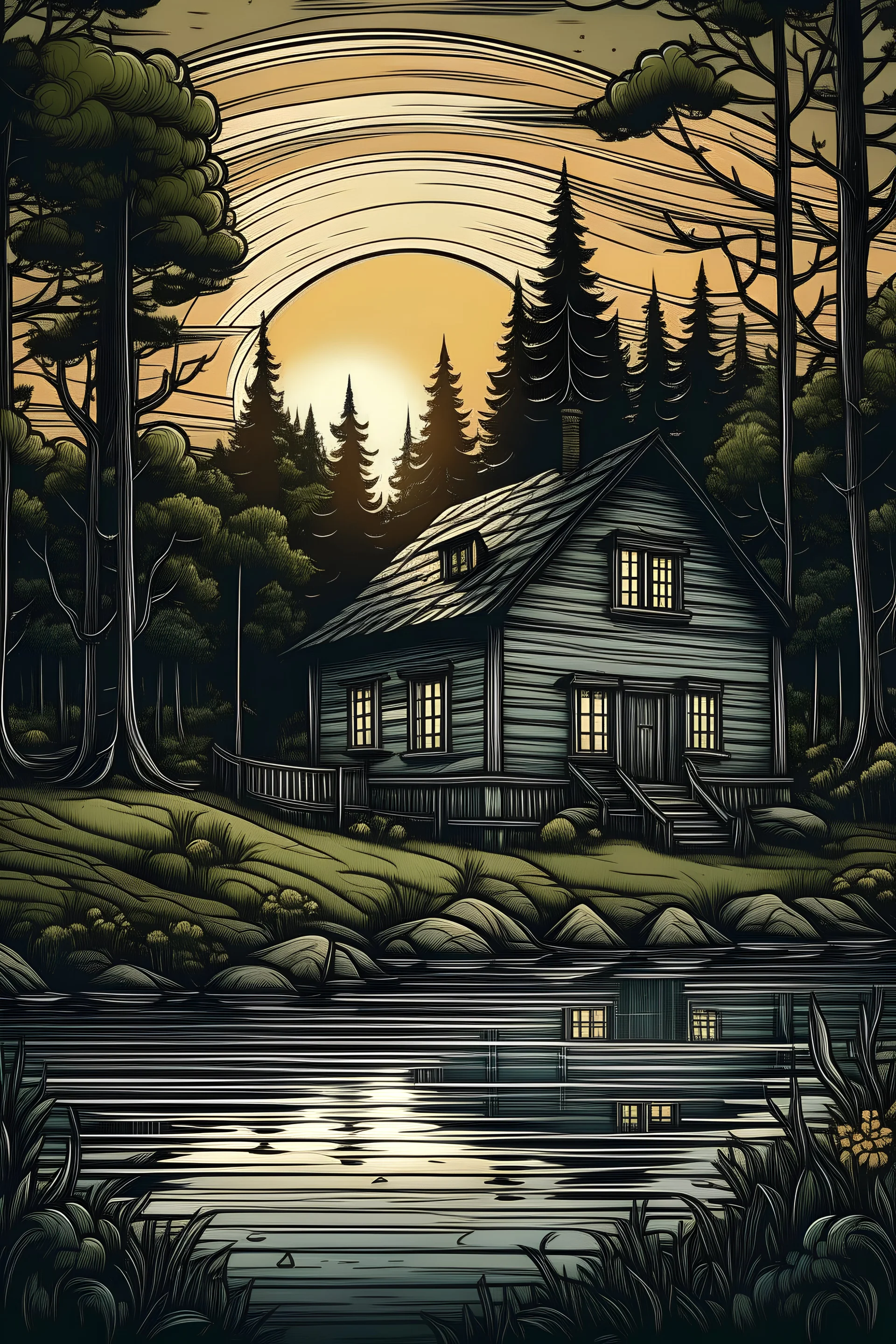 Woodhouse in between the forest. background is a sunrise. River front of house. Tattoo style.