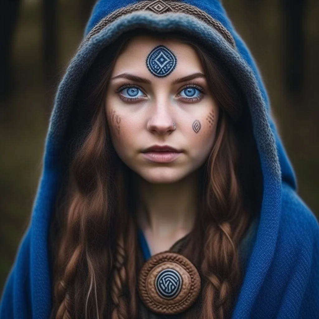 Blue eyed traditional pagan woman with with runes and nature