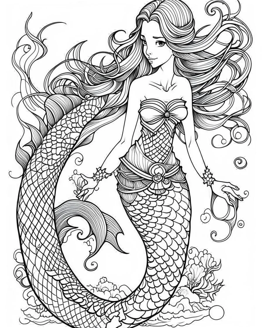 A real mermaid, coloring image, full body (((((white background))))), only use an outline., real style, line art, white color, clean line art, white background, Sketch style