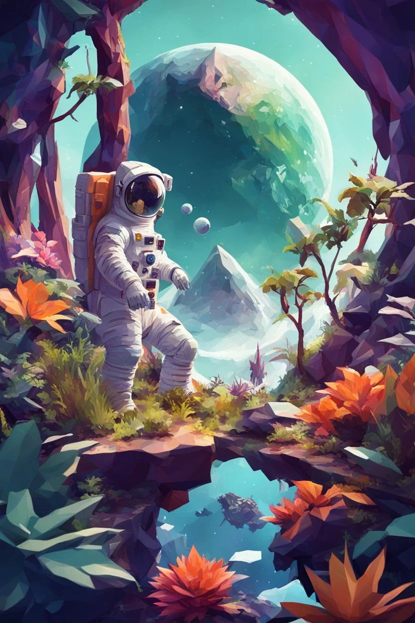 (((close midshot))), (((low poly art:2))), (astronaut), ultra-detailed illustration of an environment on a dangerous:1.2 exotic planet with plants and wild (animals:1.5), (vast open world), astronomer inspired, highest quality, no lines, no outlines candid photography.