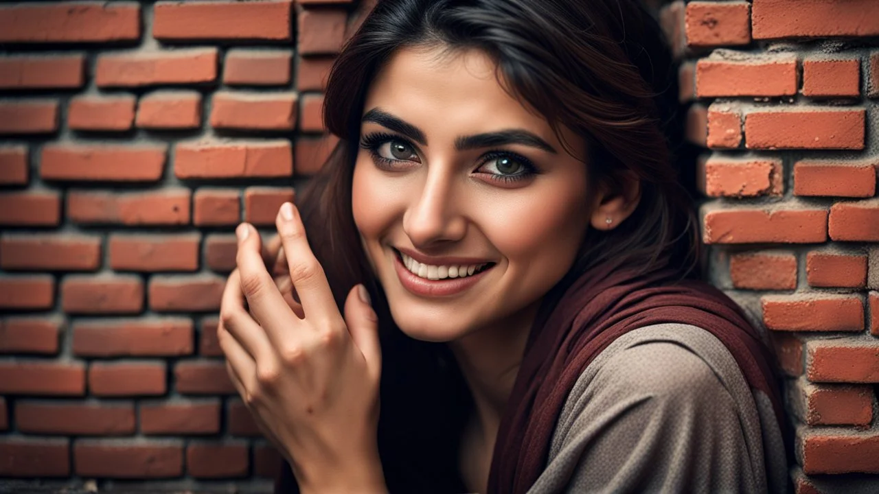 Hyper Realistic Photographic-Close-Up View Of a Beautiful Young Pashto Woman With Beautiful Eyes (& Eye Brows) & Beautiful Hands Peeking-Half-Faced From A Brick-Wall Giving Bold Smile & Bold Expressions Putting Her That Hand On That-Brick-Wall At Rainy Night Showing Dramatic & Cinematic Ambiance.