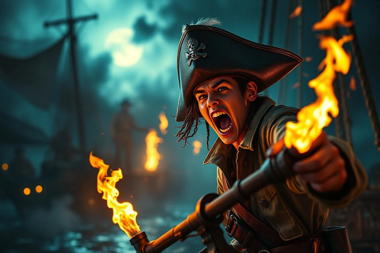 master oil painting, bad ass teen age nerd swashbuckler pirates fighting with torches and cannons in the night screaming like crazy in the style of Fallout 4 , bokeh like f/0.8, tilt-shift lens 8k, high detail, smooth render, down-light, unreal engine, prize winning