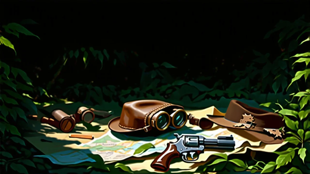 create a cinematic adventure painting, abandoned biplane swallowed by dense jungle vines, sunlight breaking through canopy, on the ground lie weathered relics: scratched binoculars, cracked goggles, tattered leather pilot’s hat, worn map with torn edges, rusty pistol, all aged and battered, dramatic mysterious energy --ar 16:9 --v 7 --stylize 1500