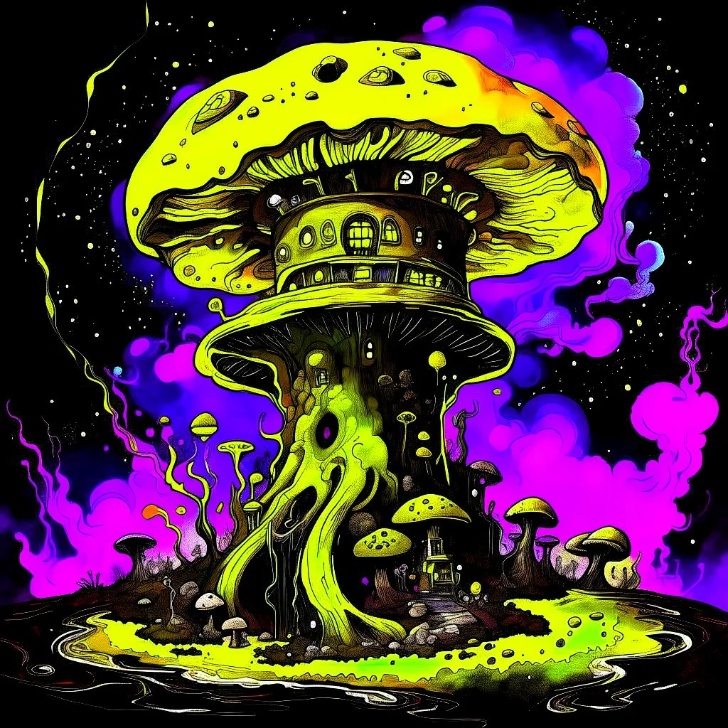 A fantabulous black, yellow, and lime (((mushroom tower house))) erected atop a (geologic pillar), surrounded by the uncanny imaginative ((( swirling skies))), offset by the stark hues of a (neon-tinged nebulous space scape), within. captured by the hand a skilled master painter with a focus on (softly blurred compositions and voluminous lighting).