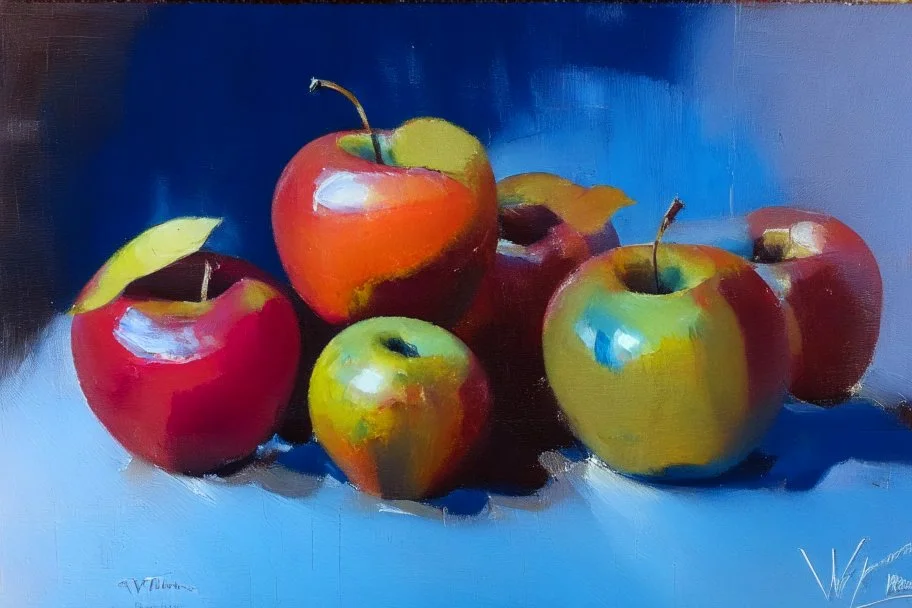 oil painting of apples on a table, style of Peter wileman