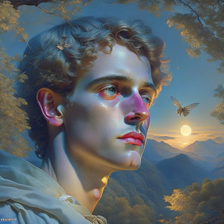 Rupert Witherspoon, pensive, perfect eyes, soft light, fireflies, moon, night, mountains, trees, fantasy, detailed, 85mm, RTX, Bouguereau, Alma-Tadema