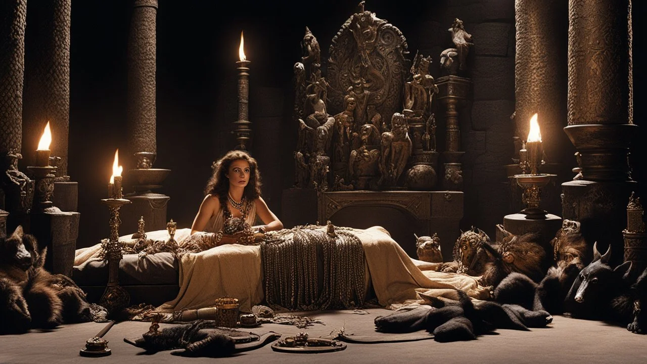 [high res photo by Ray Harryhausen,] The scene unfolds with the flickering light of torches casting dancing shadows across the chamber. A barbaric girl lies upon a bed of furs, her fierce gaze fixed on the treasures and offerings that surround her. Offrande rods glint in the dim light, symbols of reverence and power. She is a warrior of unmatched strength, her wild hair cascading around her like a mane of fire.As she surveys the riches before her, a sense of unease washes over her. The weight of