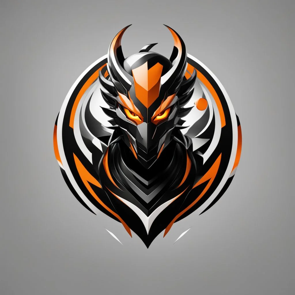 Front logo. 3D. Black, orange and white palette Dragman dragón man in artistic style, minimalist