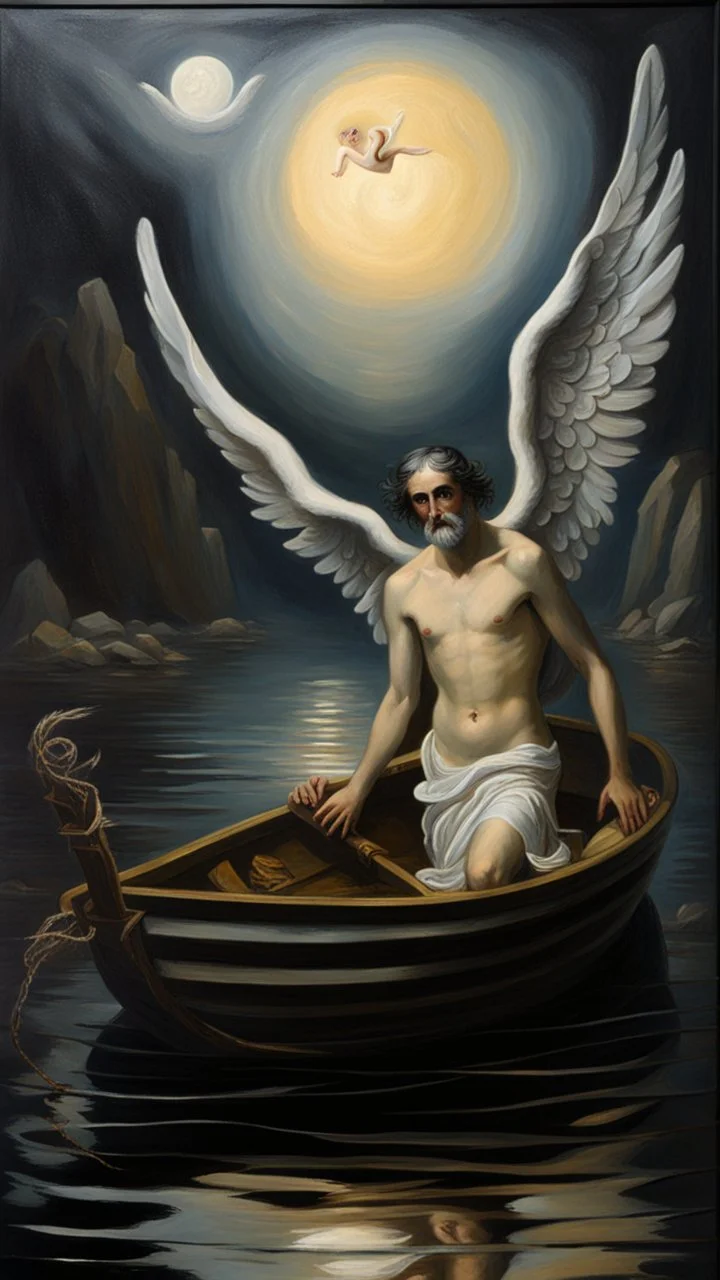 Oil painting of Charon in his boat wearing angel
