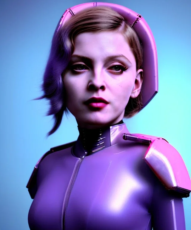 Artist, young madonna, android woman, sweet, clean skin, feline eyeliner, short hair, circuits, ghost in the shell, latex coat, feather, cyber punk, neon, bamboo, blood, portrait, studio photo, unreal engine 5, soft color, 16 bit, god lights, ray tracing, RTX, lumen lighting, ultra deatail, volumetric lighting, 3d, finely drawn, hd.