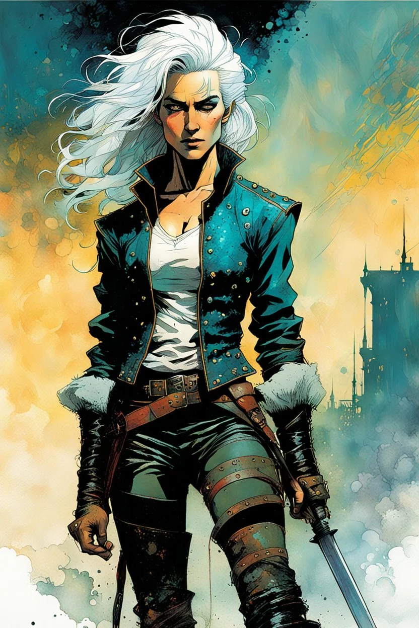 create an imaginative full body print illustration of an ethereal, otherworldly , ghost haired, female grandmaster Witcher in a tattered leather doublet and boots , in the comic book art style of Bill Sienkiewicz, Mike Mignola, and Jean Giraud Moebius, with highly detailed feminine facial features , finely drawn, colored and inked,