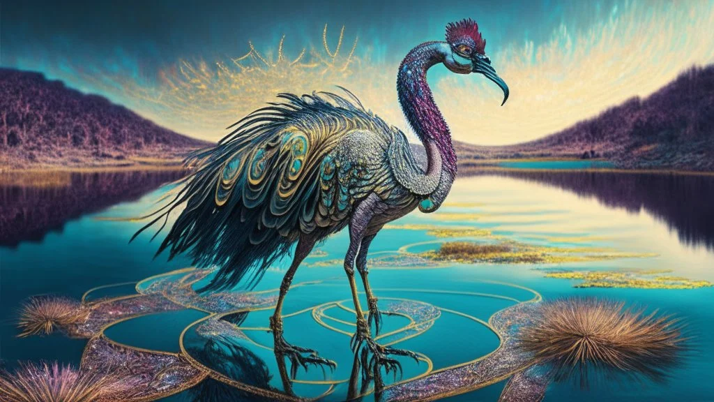 A proud cock strutting near the mysterious lakes of huge snakes; neo-surrealism dystopian elegant fantastical intricate hyperdetailed holographic magnificent meticulous mysterious ominous