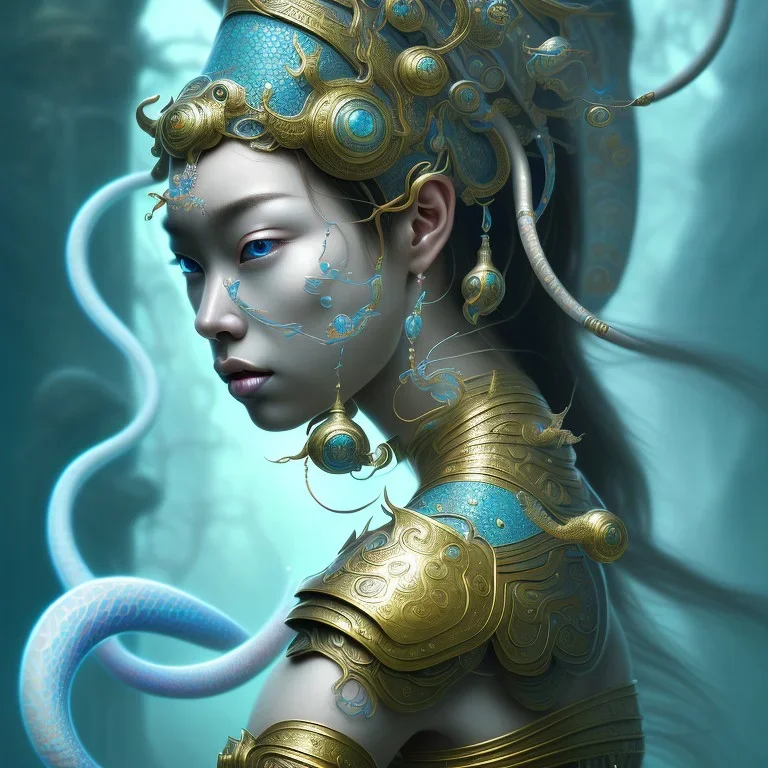 Sango fantasy, fantasy magic, intricate, sharp focus, illustration, highly detailed, digital painting, concept art, matte, art germ and Paul Lewin and Kehinde Wiley, masterpiece Japanese dancer head bronze squid' Asian African girl nice breast Thai hair turquoise silver blue under water