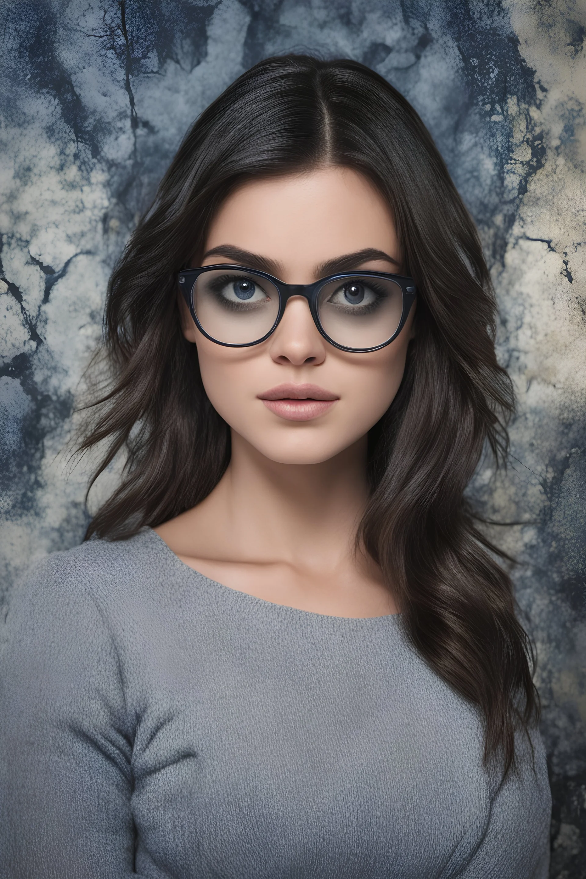 cross-eyed Lucy Hale/the incredible hulk hybrid, , 4k UHD, photorealistic, ((big, full, plump, pouty lips:1.5)) black hair, big cat-eye eyeglasses, dark blue foggy gradated marble wall background