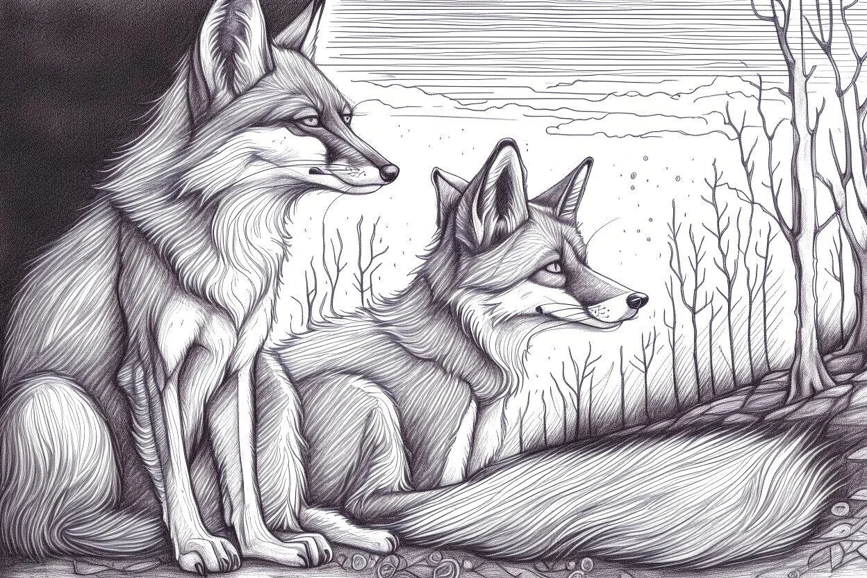 As twilight descends, the foxes awaken. Known for their sly and clever nature they prepare for their nocturnal adventures. - Pencil drawing.