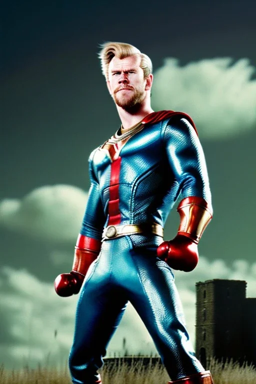 retro portrait image from 1960, sky background, wind, extra long blonde hair, fighting stance, young Chris Hemsworth, clean shave face, black dress, classic long tight lycra black suit, 2 steel disc in busty, big red cap, silver arms, gold bracelet and belt, high boots, soft color, highly detailed, classic comic Thor style, unreal engine 5, ray tracing, RTX, lumen lighting, ultra detail, volumetric lighting, 3d, finely drawn, high definition, high resolution.