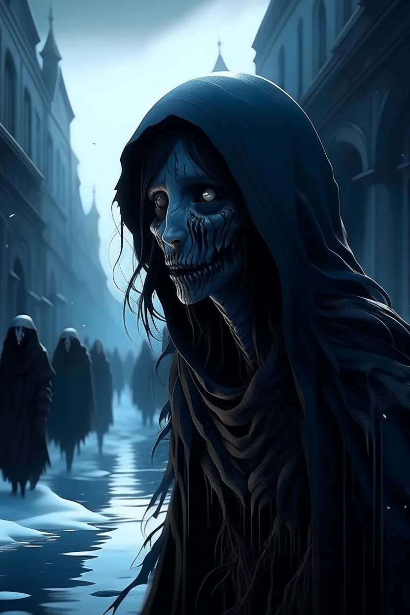 French animation arcane style. City street crowded by people with no faces