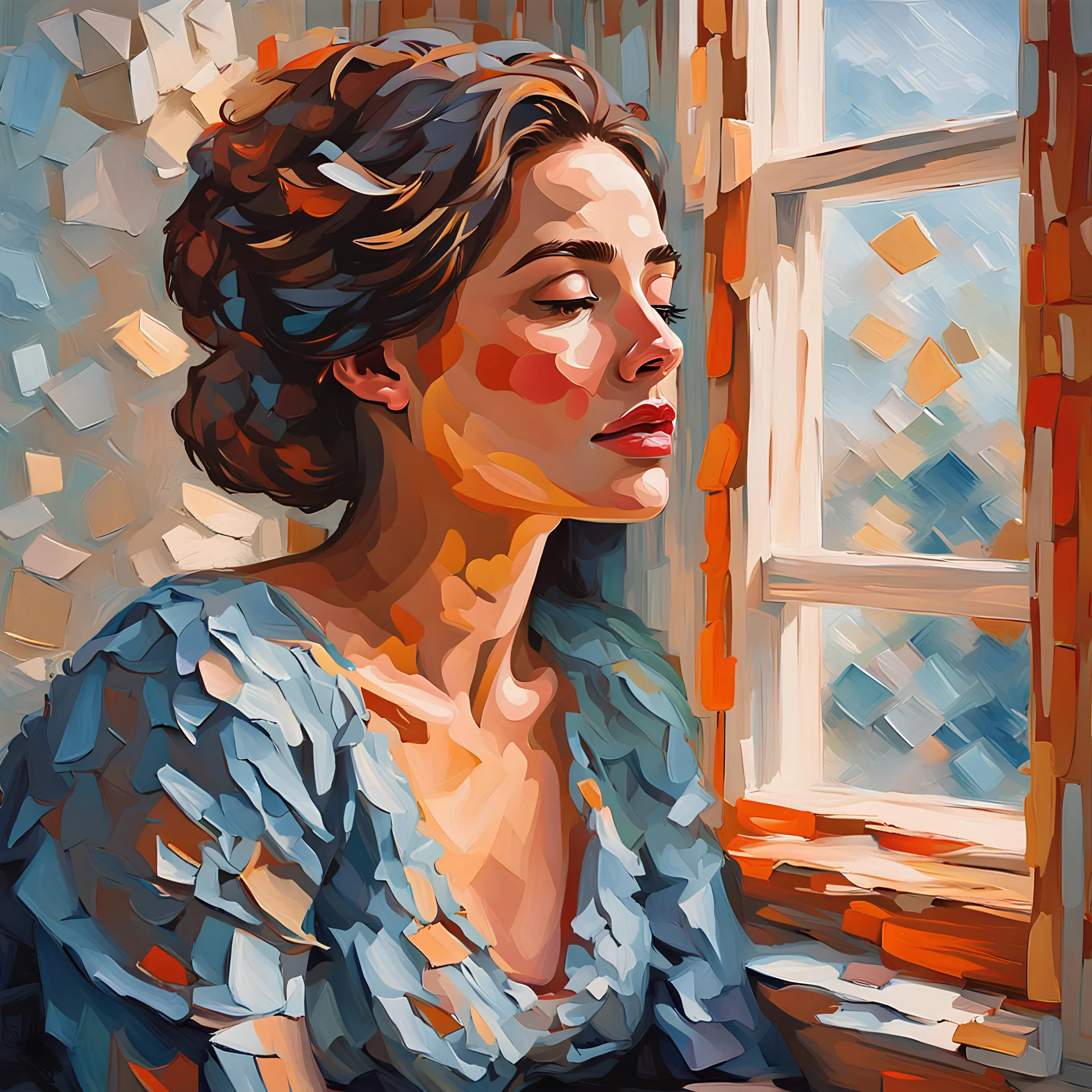 a painting of a woman sitting near a window, in the style of beautiful women, playfully intricate, heavy impasto, i can't believe how beautiful this is, romantic flair, close-up --ar 7:13 --stylize 750 --v 6