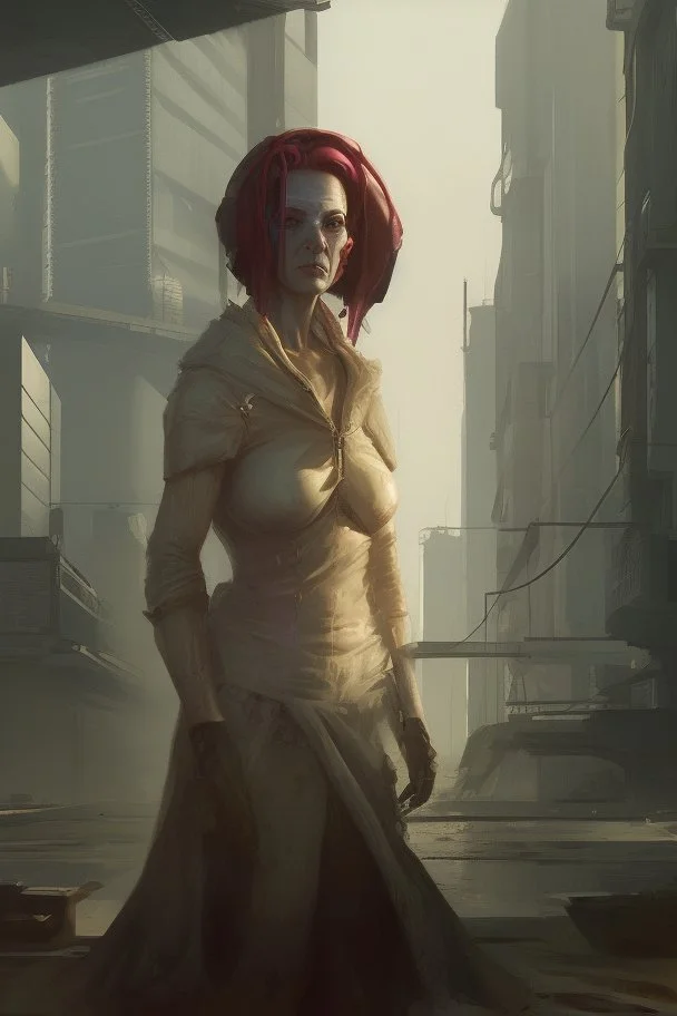 cyberpunk saggy granny woman, abandoned sci-fi town, future, sci-fi