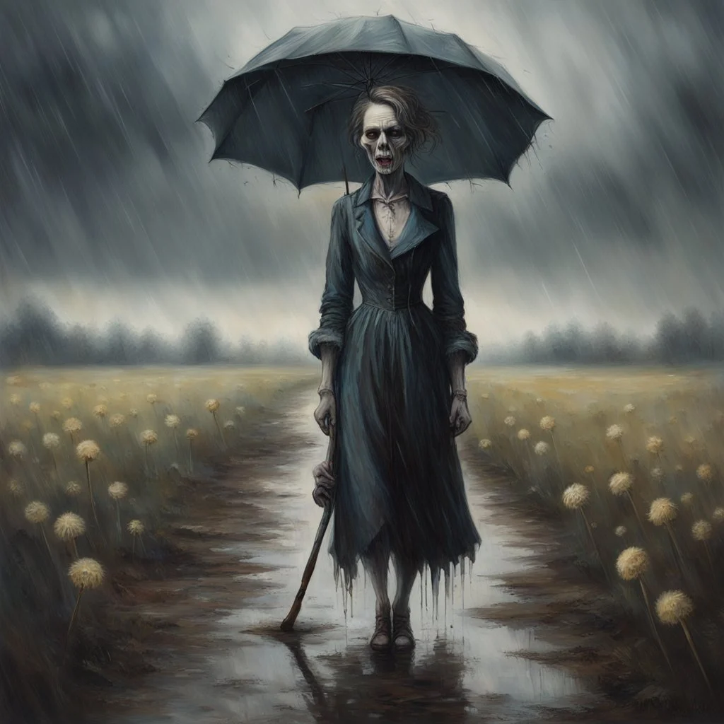 hauntingly visceral matte oil painting of an aristocratic female zombie facing forward, on a muddy path in an empty dandelion meadow in the pouring rain, holding a tattered and torn umbrella. The scene exudes a sinister, profound, dramatic, and fantastical dark dream atmosphere. The composition is dynamic, with complex contrast and a sinisterness that invites both fascination and unease, style by Michael Whelan and Hieronymus Bosch and Goya