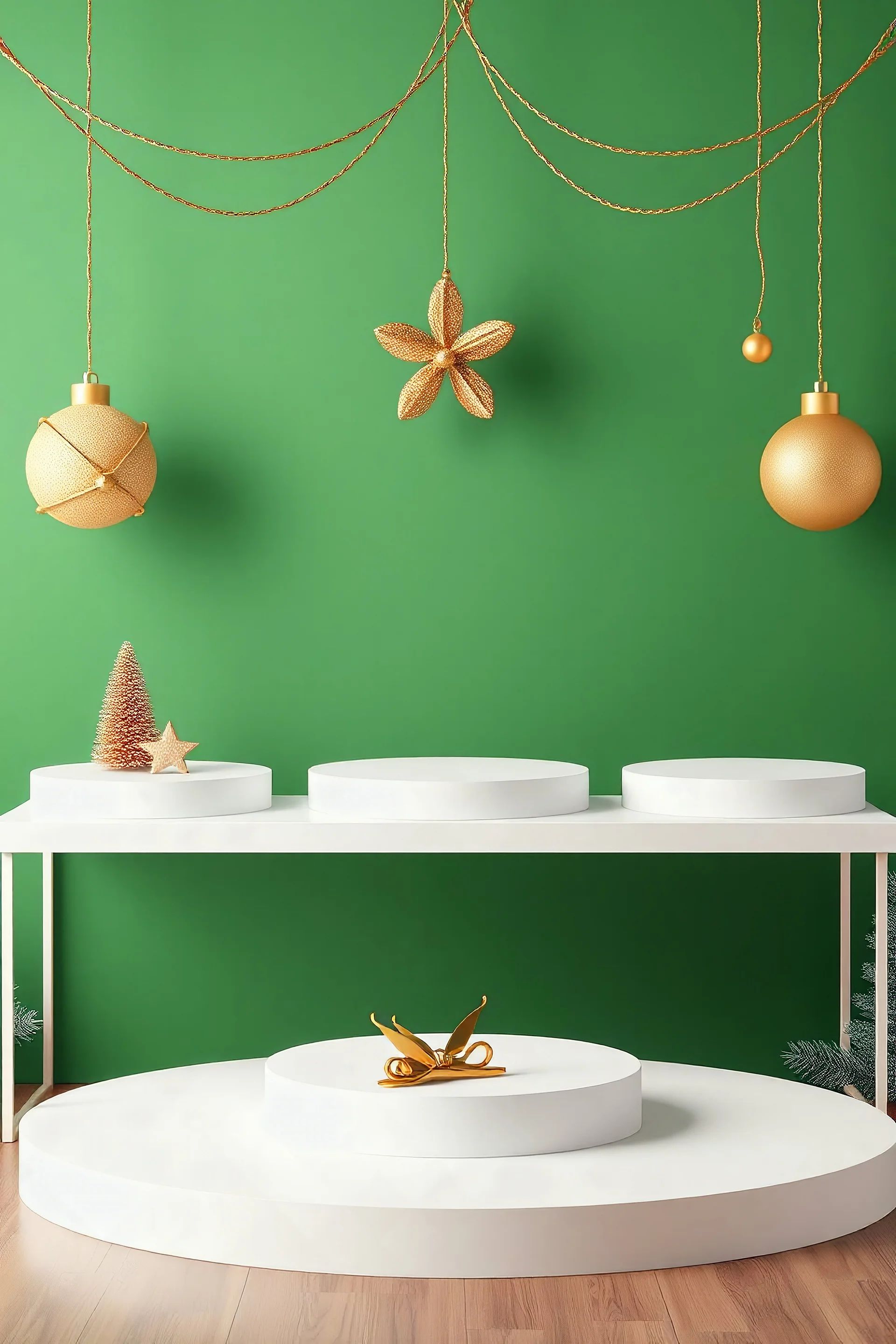 Christmas decoration concept with golden accessory and empty podiums displayed on green background. Scene for advertising with blank space for presentation products. Front view