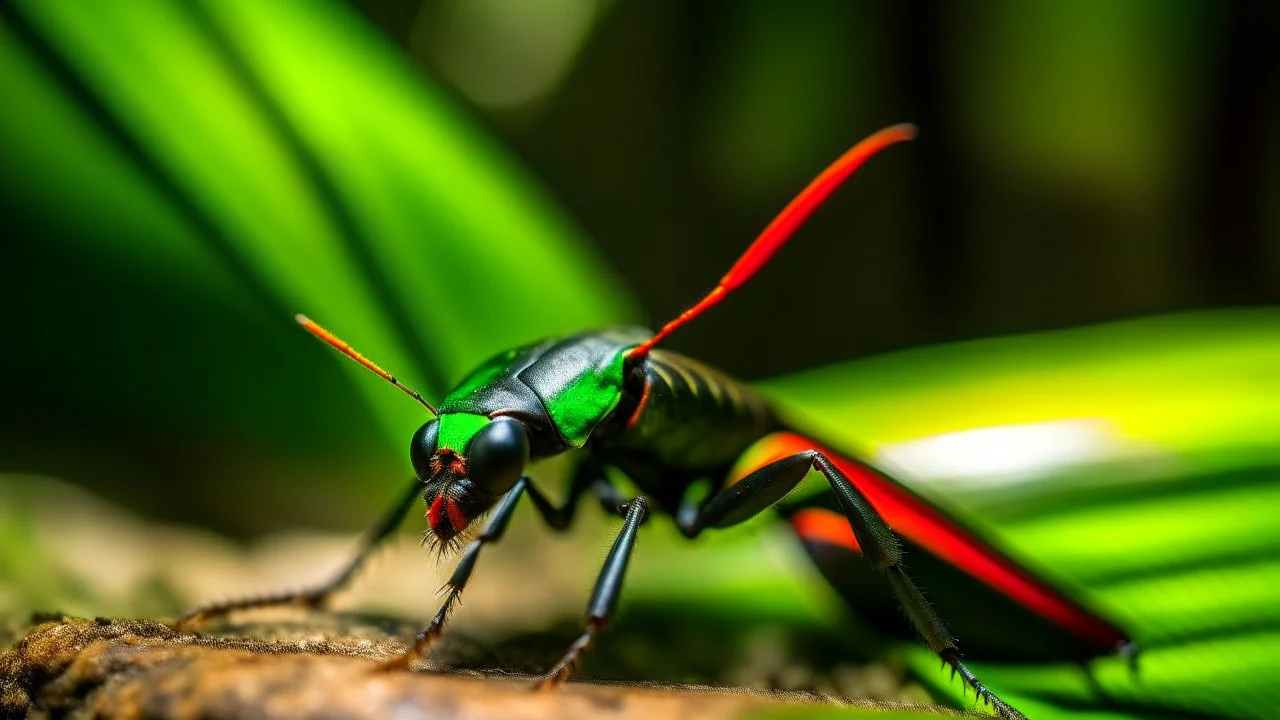 A green and black colored insect that is half Red Wolf and half Grasshopper and has a long tail.