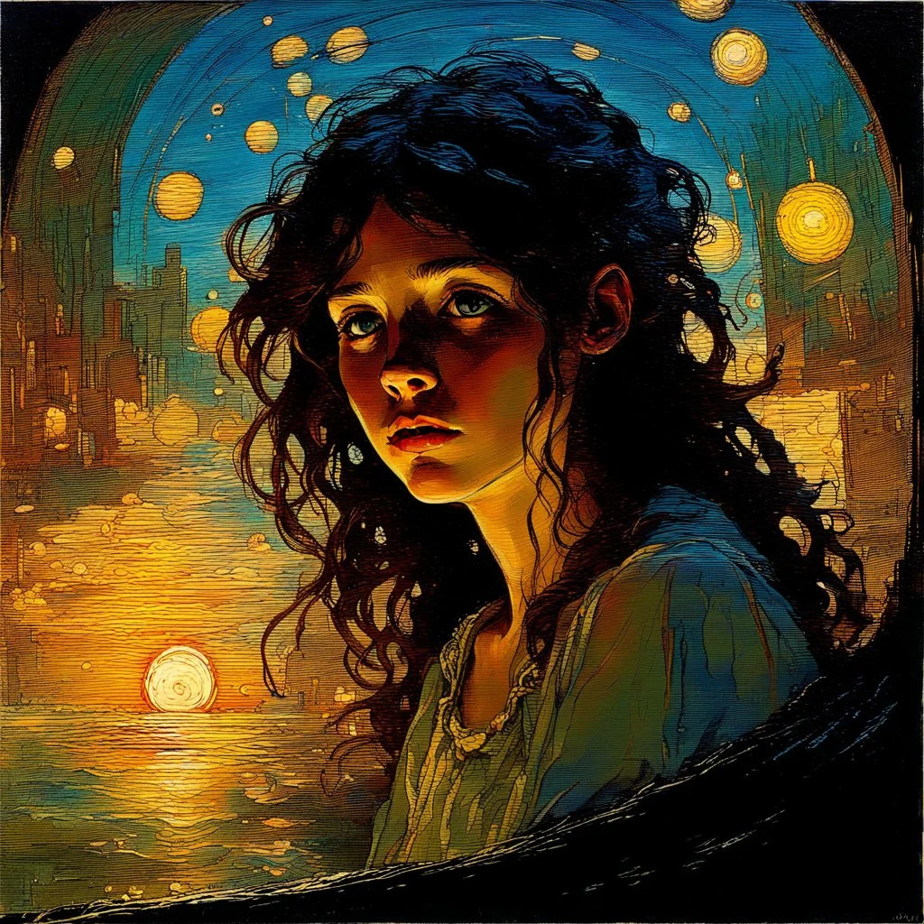 In a captivating luminous thick expressive impasto art nouveau oil painting in the style of Alphonse Mucha, Jeremy Mann, and Heinrich Kley, a teenage girl made of rainbows and stars peering out into the emptiness of eternity Teen Angst Ethereal Incandescence Anthropic Entropic Decay - Mann, Gammell, Kley, Goldin, Gerome, Quentin Blake, Damien Hirst, Hajime Sorayama, Anne Bachelier, Gibson, Rockwell, Seagrave, Alberto Vargas, N.C. Wyeth, beksinski, Bouguereau, Parrish, warm hues