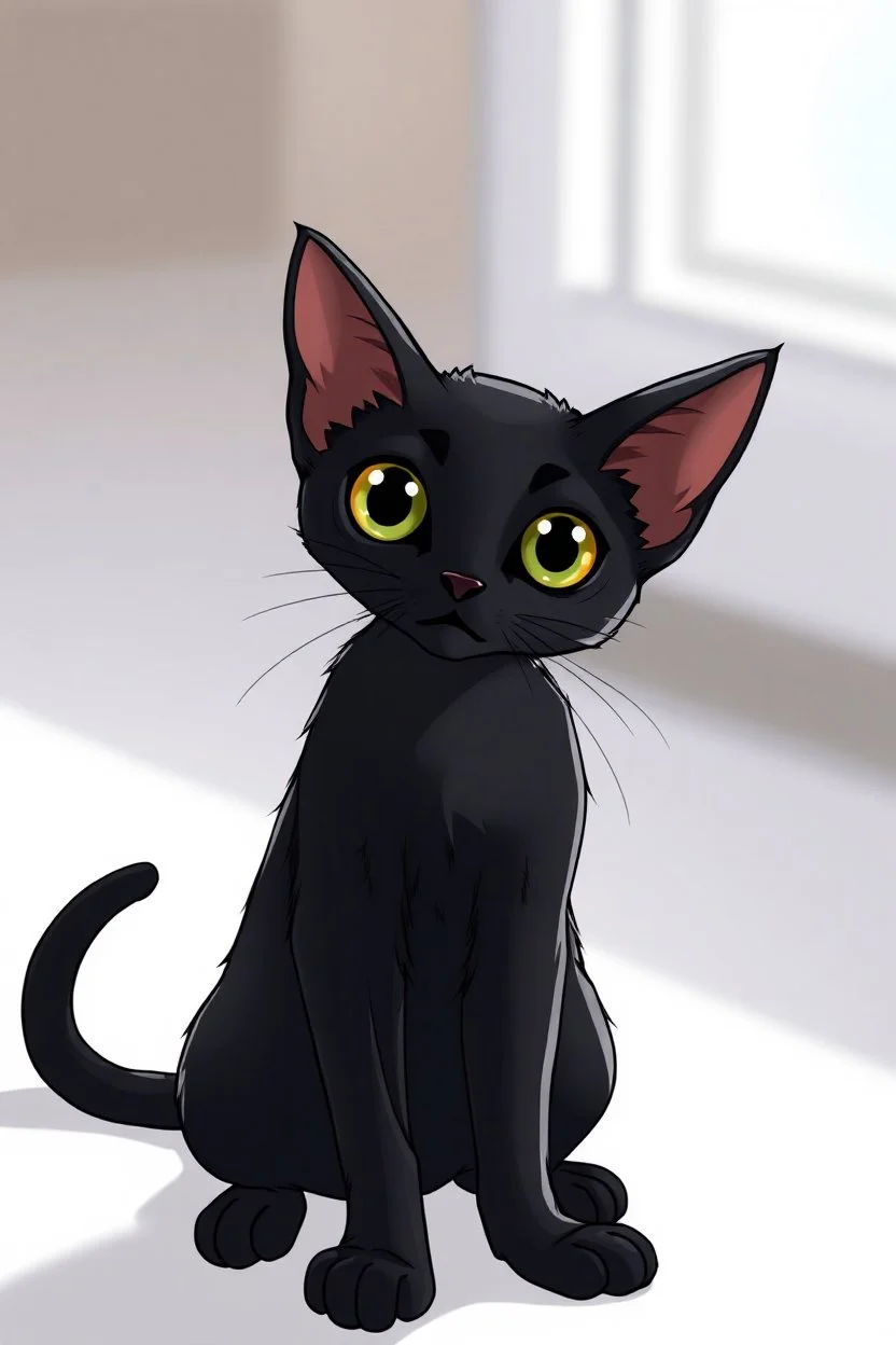 thin black cat on white background, sitting proud, large eyes, anime