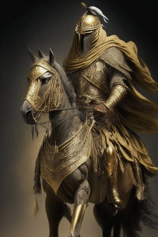 Arab warrior Full Body Full Armored Wearing Face Masculine Mysterious Powerful Fantasy High Quality Carrying his bow Golden clothes His horse behind him