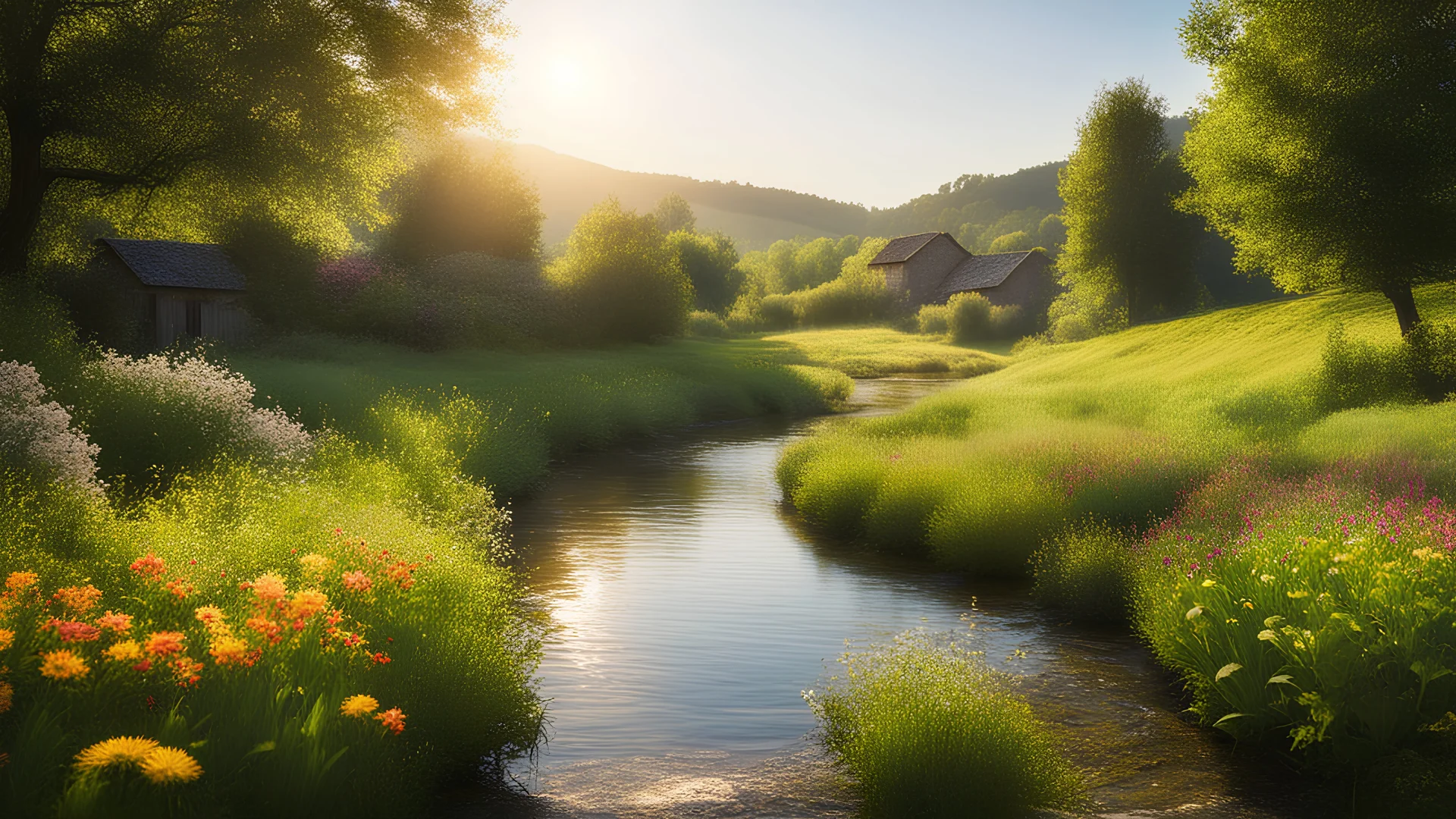 Beautiful realistic rural landscape, warm sunshine, lush plant growth, flowers, human habitation, brook, peaceful, delightful, idyll, award-winning photograph, detail, beautiful composition, attractive colour, chiaroscuro, rule of thirds