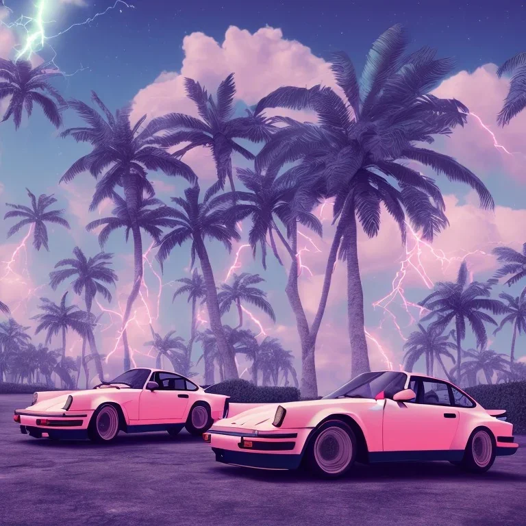 1980's aesthetic vaporwave palm trees and spheres and Porsche with lightning