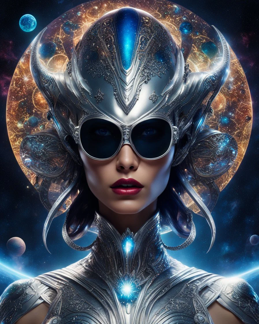 A captivating and vibrant portrait of an extraterrestrial being, perfectly suited for a futuristic cover. The alien sports a stunning metal headdress, with intricate designs that perfectly match his elegant silver face. Her retro-style oversized sunglasses are adorned with miniature stars and planets, accentuating her otherworldly charm. Against a dark cosmic void, the background displays a fascinating dance of vivid colors, evoking a sense of movement and cosmic energy. Full body